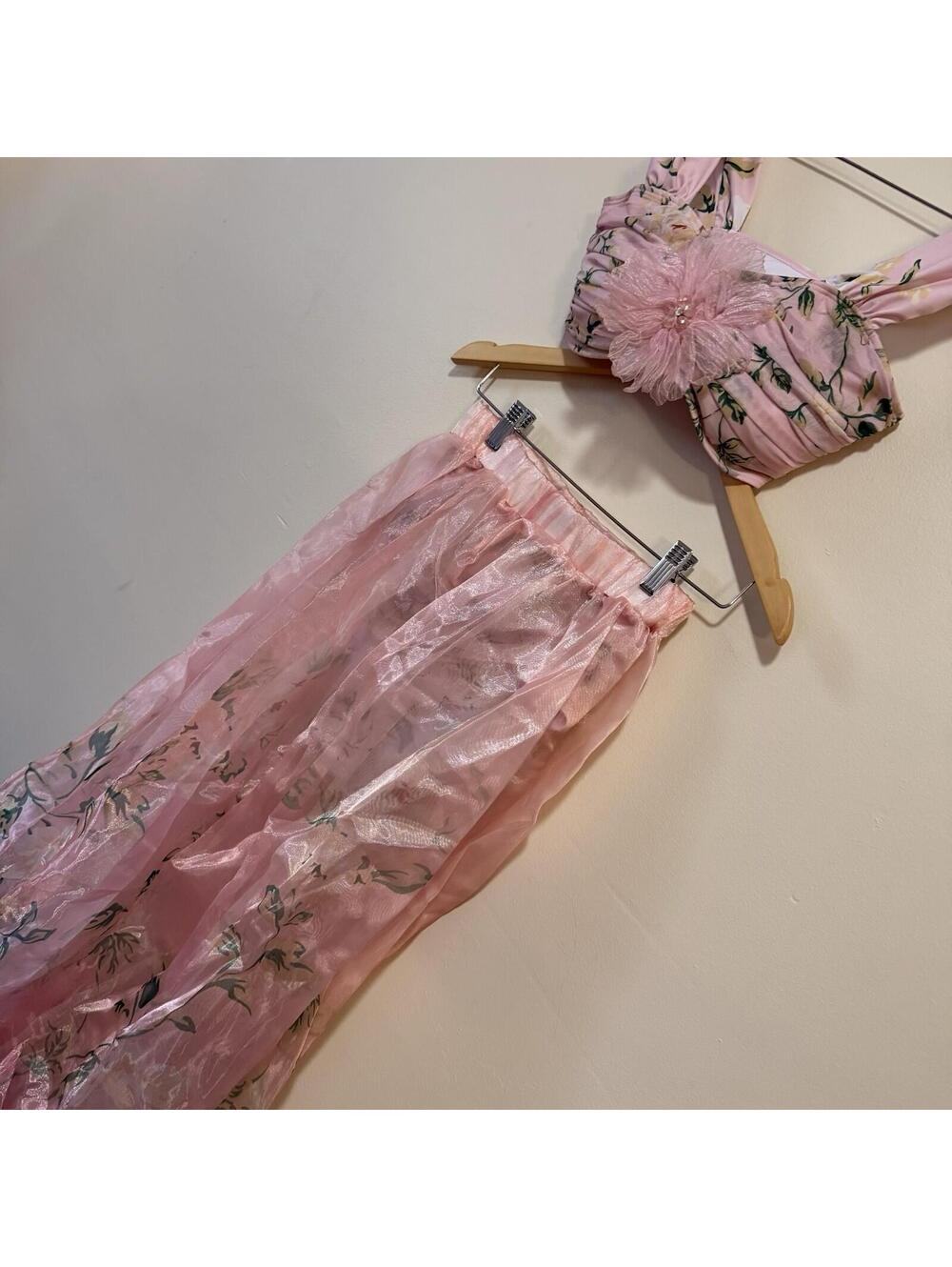 Pink Floral Mesh 3 Piece Outfit Set - Top, Bottom & Skirt, 84% Polyester, Size L